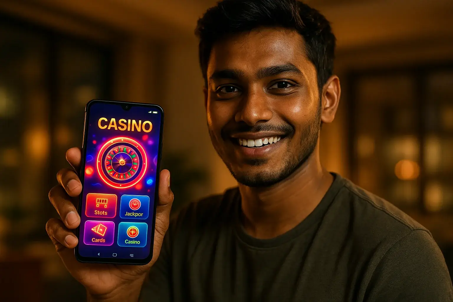 Young Bangladeshi man holding smartphone showing glowing casino app interface