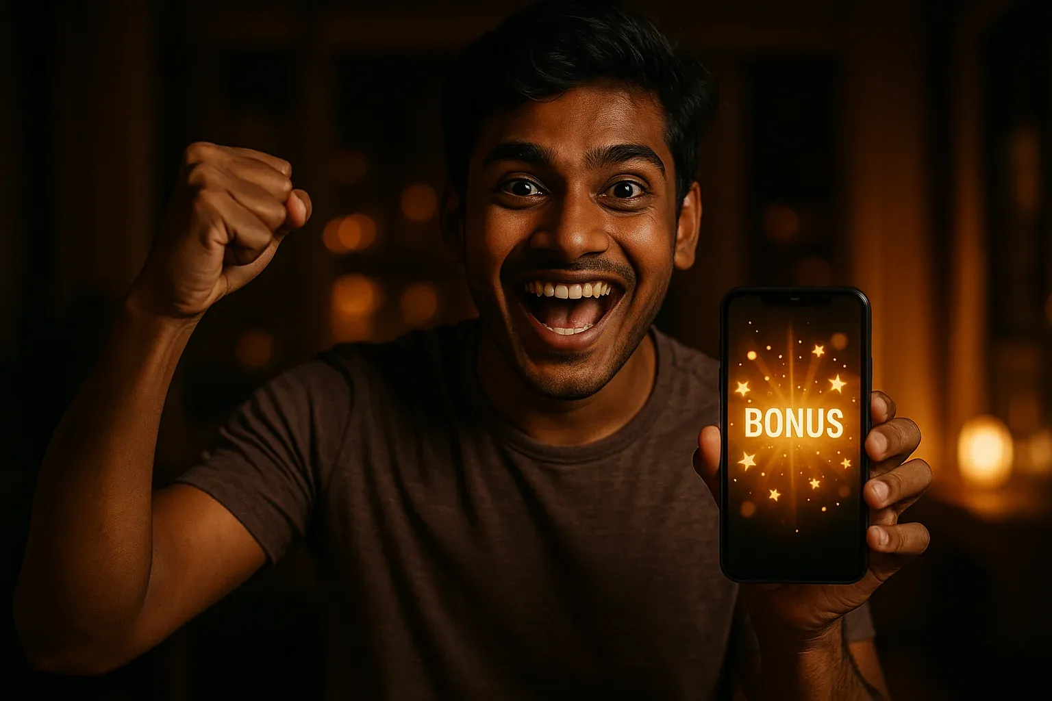 Joyful young Bangladeshi man celebrating, holding smartphone with glowing golden bonus UI