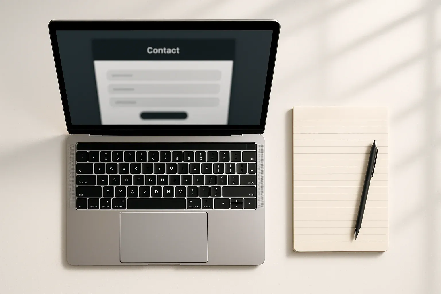 Blurred contact form on laptop on white desk with pen and notepad