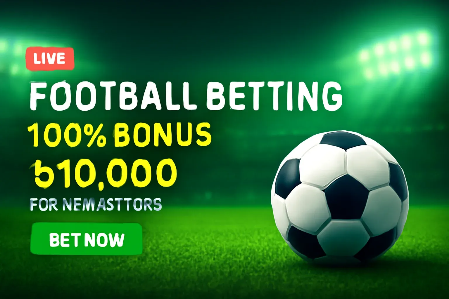 Football betting banner with classic black and white soccer ball on green stadium turf, 100% bonus offer in Bangladeshi currency, live badge, and green bet now button