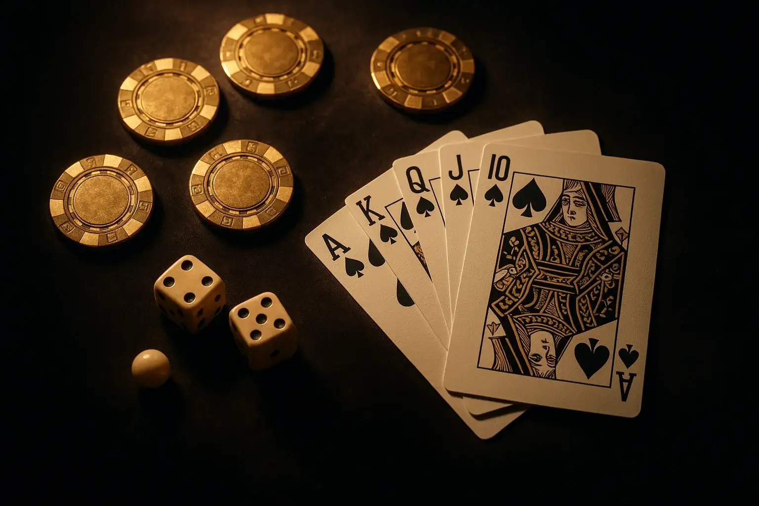 Top-down dark velvet casino scene with gold chips, cards, dice, roulette ball