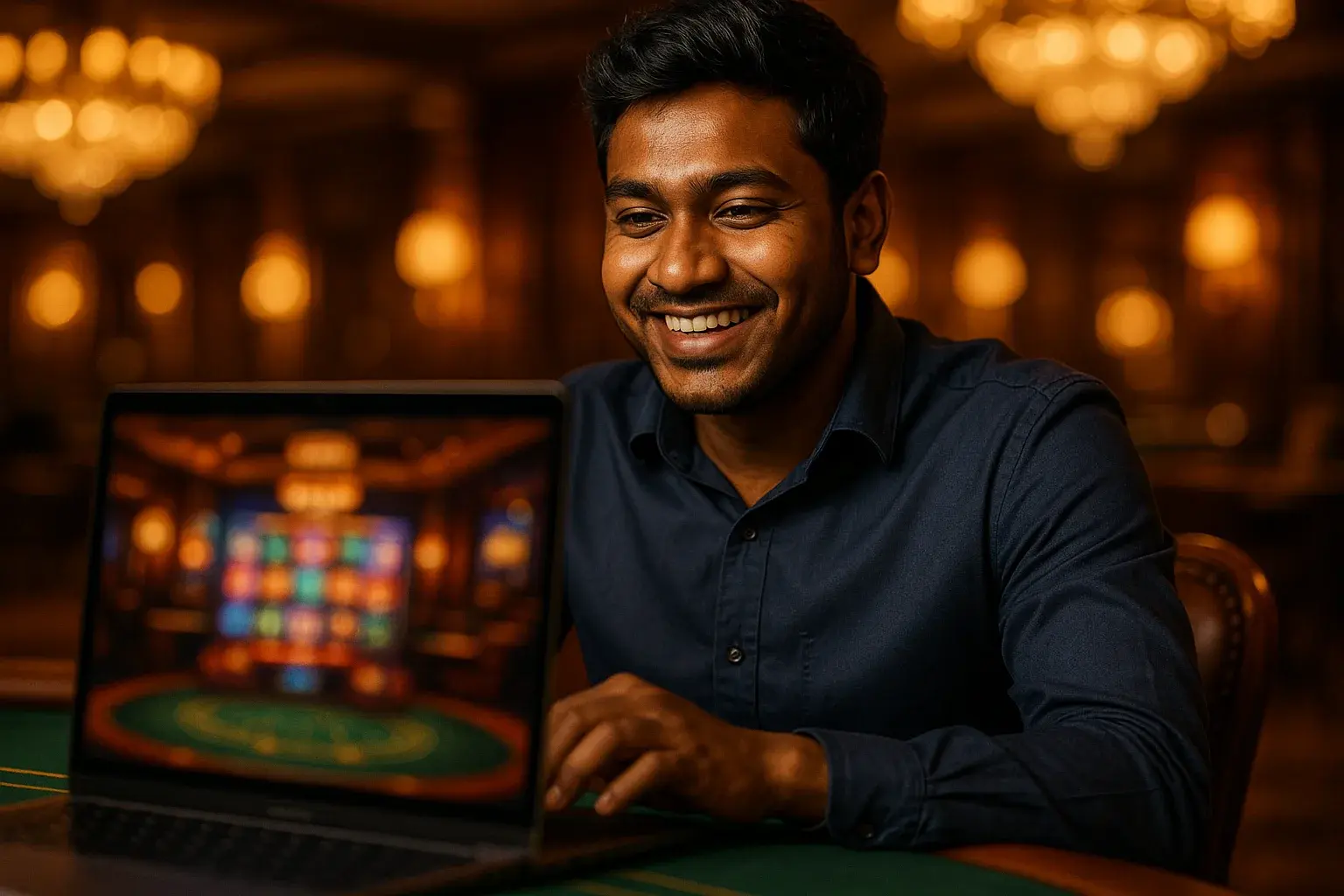 Cheerful Bangladeshi man in navy shirt smiling at laptop in casino lounge