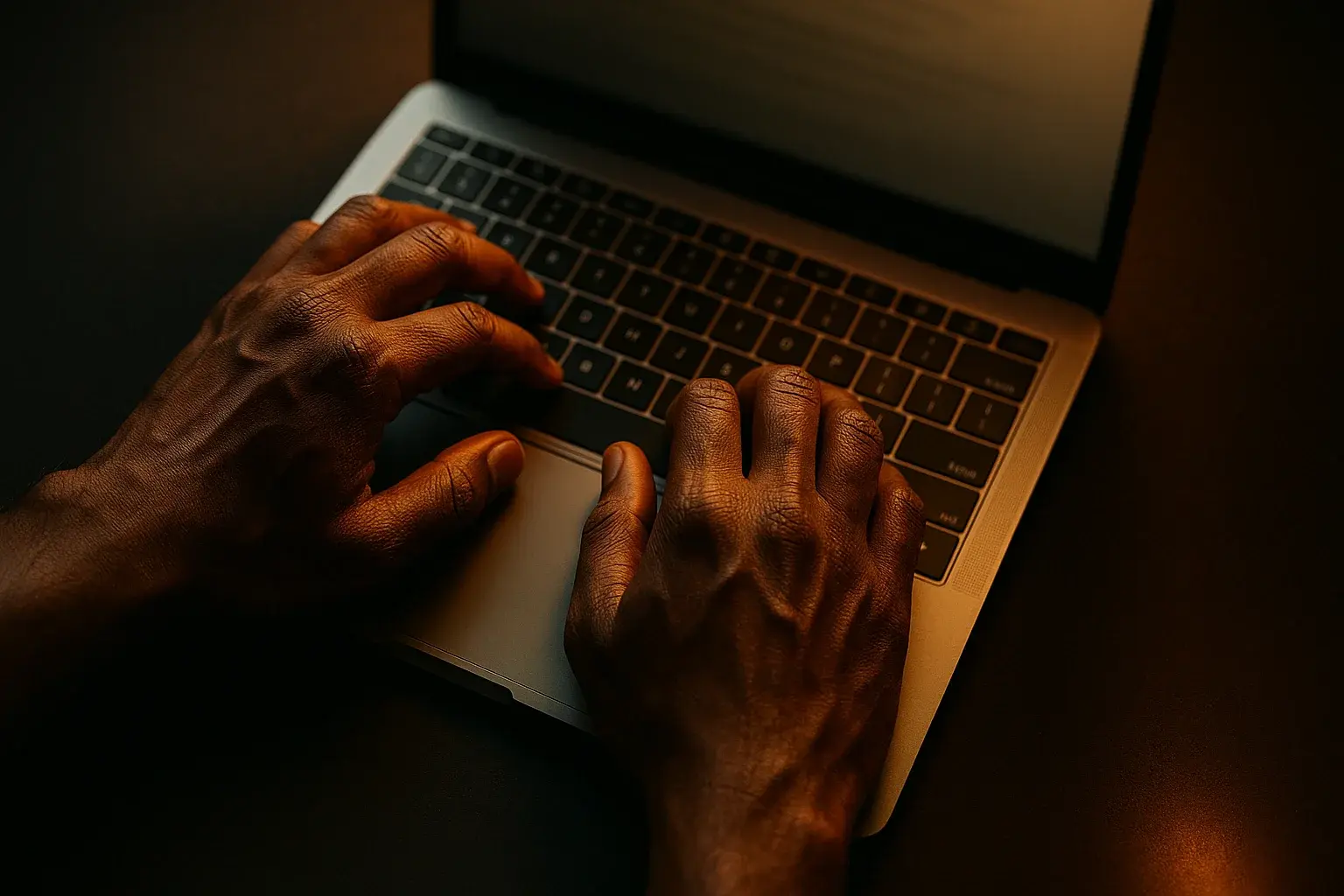 Close-up of Bangladeshi hands typing on laptop keyboard in dramatic light