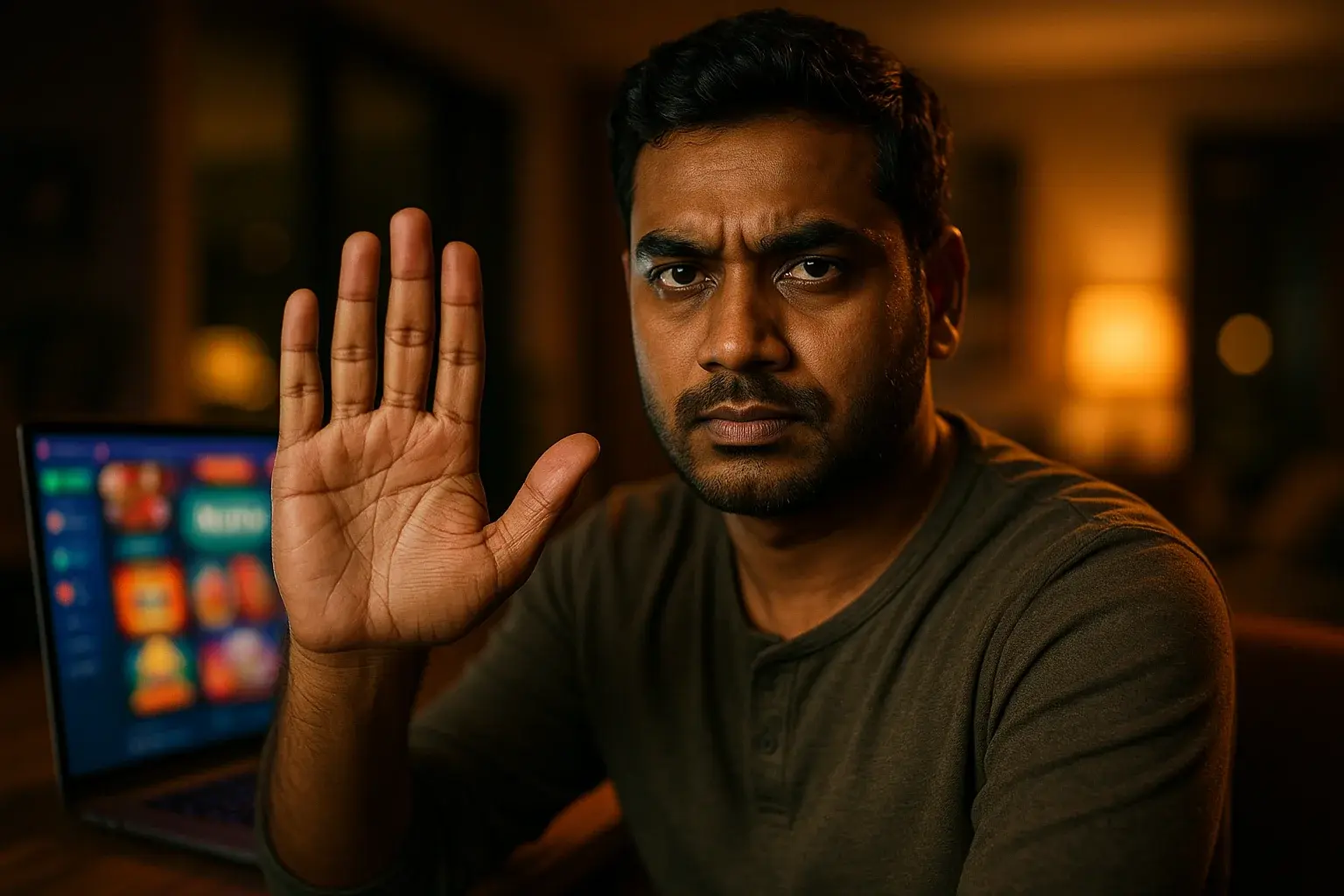 Confident Bangladeshi man shows stop gesture by laptop with blurred casino interface