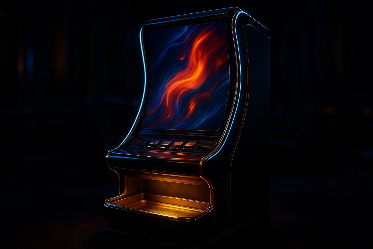 Hyperrealistic premium slot machine in dark luxury setting with neon lighting